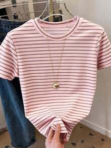Camiseta de mujer de manga corta con cuello redondo y rayas, casual de verano - Multicolor 17 - Ver 3