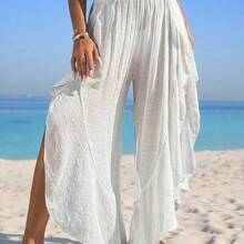 Swim Vcay Summer Outfits For Women 1pc Solid Color Ruffle Trim Sheer Beach Cover Up Pants Summer - Negro - Ver 2