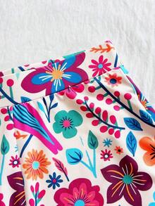 Conjunto informal de 2 piezas de top tubo corto anudado de unicolor y shorts con estampado floral para vacaciones de mujer - Multicolor 5 - Ver 5