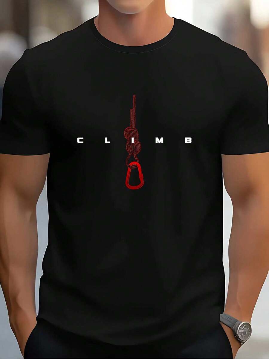 Herr- & Damklättrings-T-Shirt - Modig CLIMB-Grafik Med Röd Krokdesign - Året Runt Gym- & Utomhusklättringsskjorta - Svart Rundhalsad Topp För Klättrare - Casual Streetwear, Klätterutrustning, Sportig Design, Bekväm Passform, Träningskläder, Fitnessentusiaster,  Fashion, Andningsbart Material - 黑色 - 查看 1
