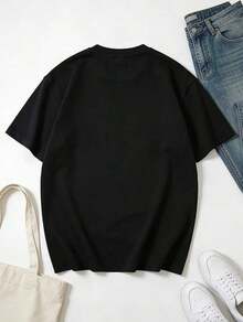 Altamente recomendado: 1 pieza de ropa para mujer, camiseta negra con estampado de letras llamativas, camisetas, top blanco, camisetas gráficas para mujer, camiseta unisex casual de cuello redondo, tela de punto ligera de 220 g/m², lavable a máquina, ideal para primavera/verano/otoño, Día de San Valentín, Halloween, Navidad, fácil de combinar. - Negro - Ver 2