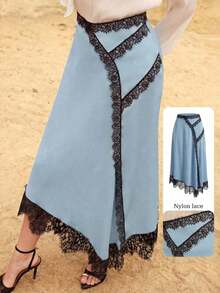 Falda elegante y romántica de línea A con estampado digital de lunares, entretejida en color albaricoque y con aplicación de encaje negro, para primavera/verano - Azul - Ver 12