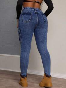 Pantalones de mezclilla skinny cargo lavado, elásticos, con múltiples bolsillos, efecto levantador de glúteos, control abdominal y puños ajustados - Azul - Ver 5