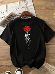 Camiseta Casual de Cuello Redondo para Mujer con Estampado de Rosas, Manga Corta, Largo Regular, Moda Primavera/Verano/Otoño, Diseño de Doble Cara, Ropa Casual|Top con Estampado Floral|Short Sleeve Shirt Y2k Camiseta Camisa De - Blanco - Ver 3