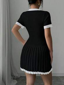 Vestido de punto con cuello en V plisado y contraste de colores informal - Negro - Ver 2