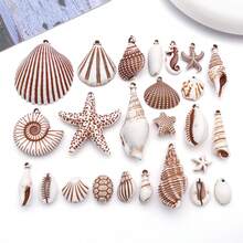 10/25 Stücke gemischte Anhänger mit Meeresmotiven, Muscheln, Seesterne, Seepferdchen und Schildpatt aus Kunstharz mit Löchern, Vintage-Strandanhänger in Braun mit Vintage-Print für die Schmuckherstellung, DIY-Armbänder, Halsketten und Ohrringe, Sommerbastelbedarf - Gelb - Übersicht 17