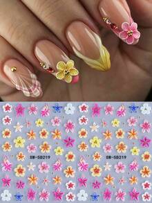 2片5D立体芙蓉花美甲贴纸，彩色法式花卉和海星图案自粘美甲贴花，热带夏季花卉美甲装饰，适合度假、海滩派对和日常DIY美甲 - 彩色 - 查看 3
