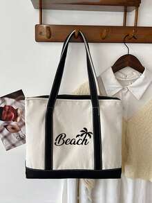 Bolso de hombro de lona para mujer, estampado con "Playa" y patrón de árbol de coco, estilo primavera/verano, gran capacidad, adecuado para uso casual en la escuela o el trabajo, mochila, gran capacidad, portátil, adecuado para estudiantes universitarias - Multicolor - Ver 4