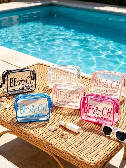 Transparent "BEACH PLEASE" Cosmetic Bag, 5 Colors Clear PVC Toiletry Pouch With Starfish Print, Waterproof Travel Makeup Organizer With Zipper, Lightweight Storage Bag For Beach Trips, Pool Days & Vacations, Suitable For Women, Girls, Travelers & Beach Lovers, Perfect For Easter, Summer Holidays & Gifting, Versatile As Cosmetic Bag, Toiletry Pouch, Beach Bag & Travel Organizer