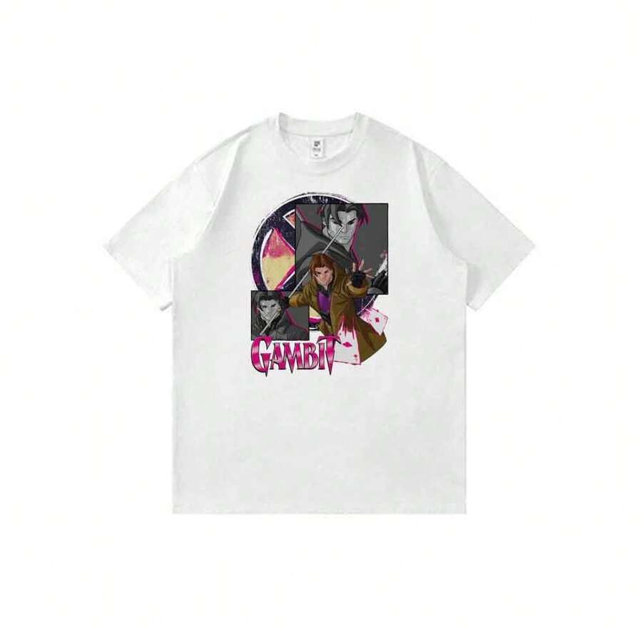 Unisex Crew Neck T-Shirt With Summer Anime Character Print, Casual And Urban Style, Inspired By The Gambit Collage From Marvels And Xs-Men. - 白色 - 查看 1
