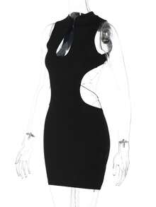 Vestido ajustado corto con corte hueco combinacion única y accesorio metalico de mariposa - Negro - Ver 7