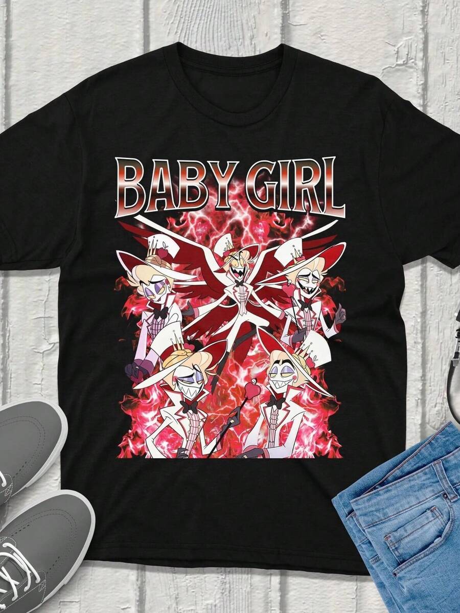 Camiseta con meme de L1UCIFER B1aby girl H1azbin Hotel, personaje de la serie animada. Camiseta unisex de 220 g, 100% algodón. Peso ideal para todas las estaciones, apta tanto para hombres como para mujeres. Tejido de alta calidad y duradero, suave al tacto y de larga duración. Prenda transpirable, ideal para el otoño, vacaciones, Día de la Madre, celebraciones del Día de la Independencia y como regalo. - Negro - Ver 1