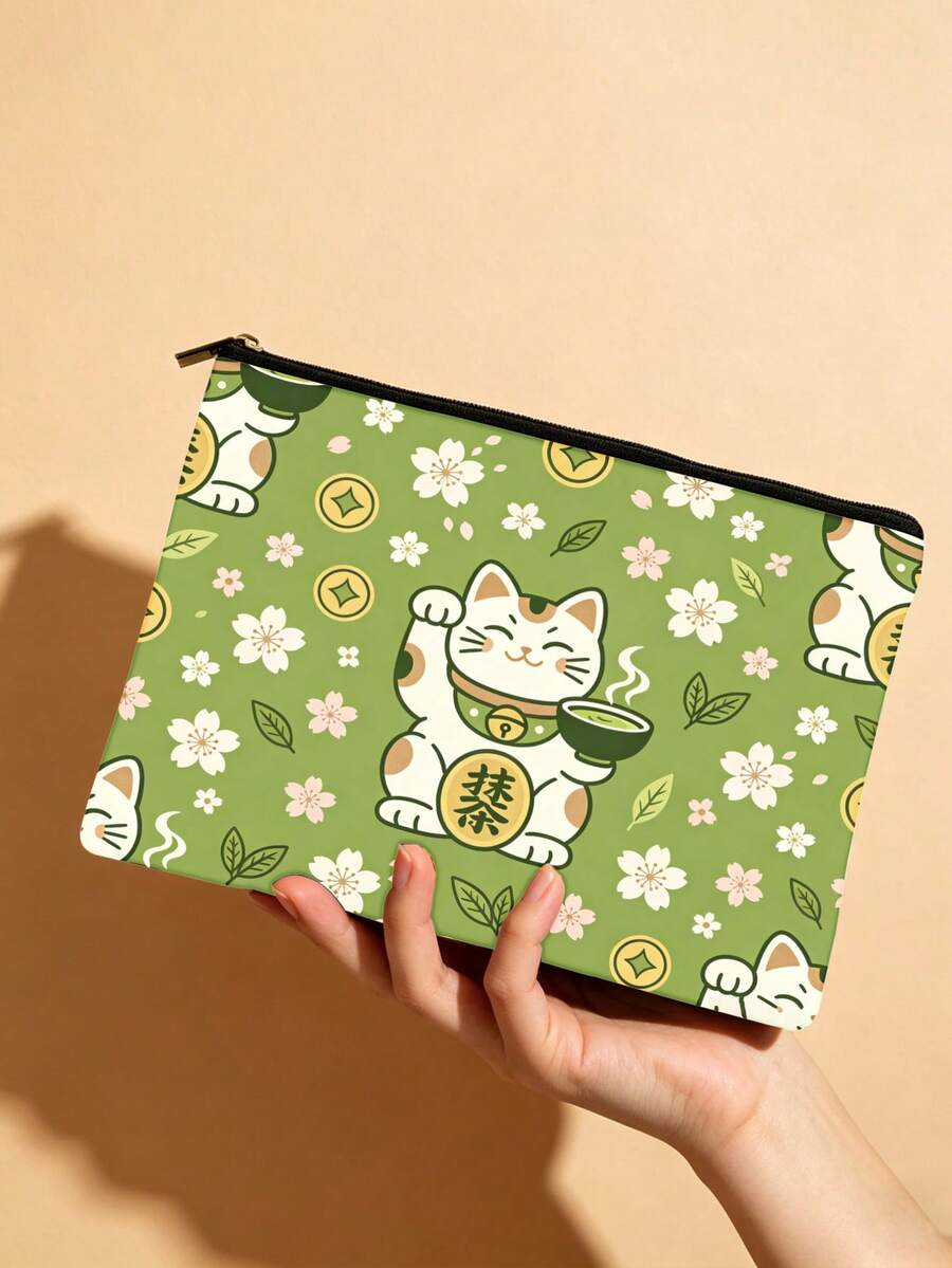 Túi đựng mỹ phẩm in hình mèo Maneki-Neko trà xanh và hoa anh đào, kiểu Nhật Bản, có khóa kéo. - Nhiều màu - Xem 1