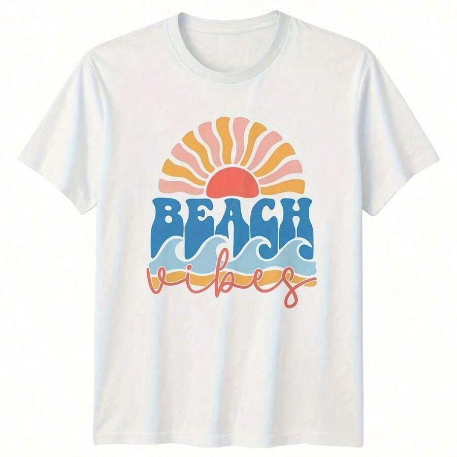 Women's Clothing Beach Vibes Boho Summer T-Shirt Retro Sun & Waves All Season 220g Cotton Single Sided Printed Crew Neck Short Sleeve T Shirt - 顏色 1 - 查看 1