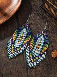 SOUL BEADING أقراط مصنوعة يدويًا بخيوط بوهيمية ثقيلة الصناعة مزينة بخرز الأرز، ذات تباين لوني تدرجي وشرابات طويلة، تناسب أجواء الأعياد والمهرجانات الموسيقية - متعدد الألوان - مشاهدة 2