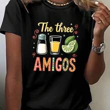 Graphic T-Shirt 'The Three Friends' fclothes Women - Round Casual Neckline, Shclothest-Sleeved Top with Vibrant Summer Drink clothes, Perfect fclothes Spring And Summer, Women'S T-Shirts. - Negro - Ver 1