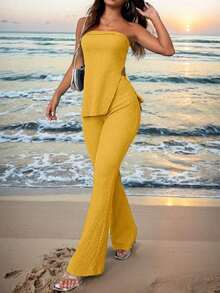 Conjunto de top bandeau y falda larga con abertura alta en color verde sólido para mujer - Amarillo - Ver 10