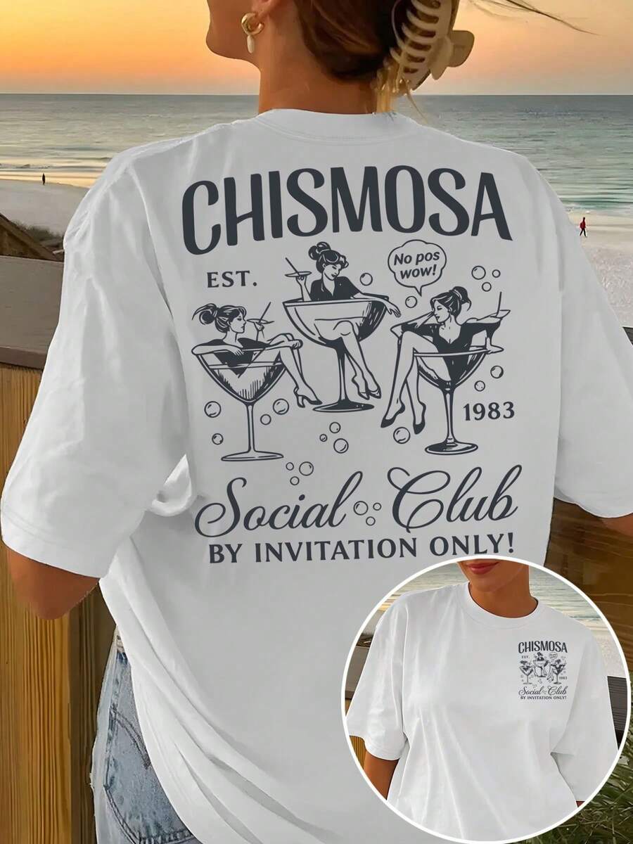 Camiseta de manga corta con diseño sencillo y versátil en la parte delantera y trasera - Estampado de moda estilo vintage para fiestas de cóctel - Camiseta de mujer con estampado moderno para primavera/verano, artículo de moda, adecuada para citas de fin de semana, reuniones y viajes. Camiseta de algodón - Blanco - Ver 1