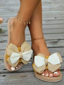 Women's Leopard Print Bowknot Slides, Fashion Square Open Toe Slip On Flat Shoes, Casual Slide Sandals - Multicolor - View 5