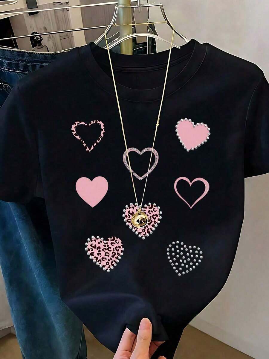 Respirable Playera Blanca de Mujer con Gráfico de 4 Corazones Rojos de Brillo y Borde Plateado, Camiseta de Estilo Aesthetic Brillante Manga Corta, Top Romántico y Femenino, Blusa Casual de Moda, ropa de calor mujer - Negro 3 - Ver 1