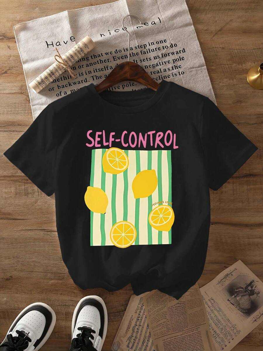 Plus Size - Plus Size - Plus Size Lemon SELF CONTROL Printed T-Shirt, Casual Short-Sleeved Crew Neck Shirt, Spring And Summer Style, Plus-Size Women's Summer Tops - Black - View 1