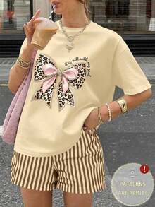 Set de 2 piezas: Camiseta de manga con estampado de corazón y diamante + Pantalones cortos de rayas verticales, estilo retro Y2K - Caqui - Ver 4