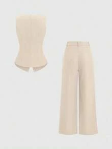 Sweetro Conjunto a juego de chaleco negro de una hilera y pantalones de pierna ancha con fruncidos - Caqui - Ver 2