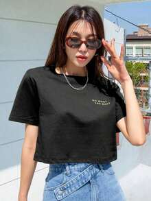 Y2K Style,  Style, The Newest Of 2026, Cute Style, Casual Style. Summer Cropped T-Shirt With Slogan Graphic: DO WHAT YOU WANT 180g (S-XXXL) - 黑色 - 查看 4