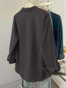 Camisa casual de manga larga de un solo pecho y holgada de unicolor para mujer, otoño - Gris Claro - Ver 2