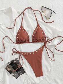 Women's Summer Beach Solid Color Eyelet Decor Halter Tie Sexy Bikini And Triangle Briefs Swimwear Set Vacation - Red - View 1