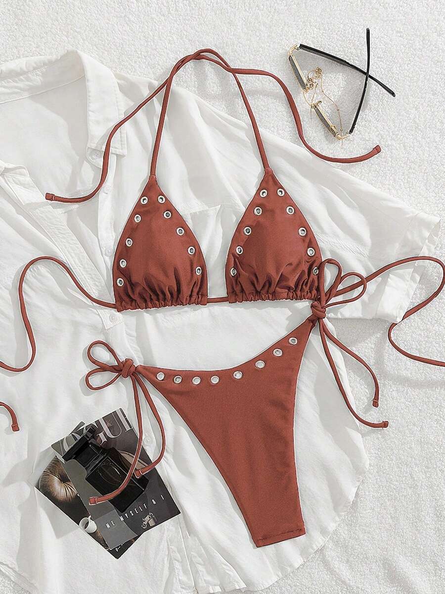 Women's Summer Beach Solid Color Eyelet Decor Halter Tie Sexy Bikini And Triangle Briefs Swimwear Set Vacation - Red - View 1