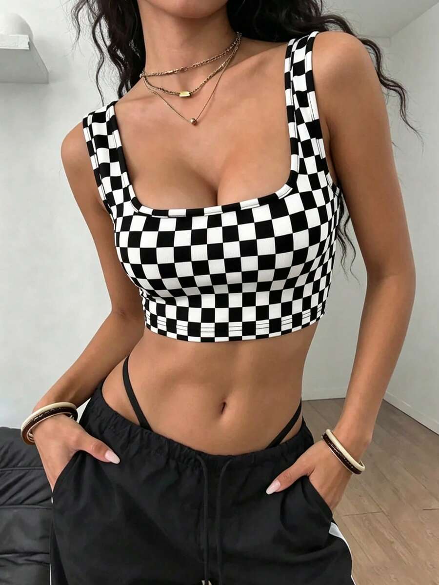 小號女款黑白格紋綁帶短版背心T恤套裝,保暖衣物,秋季女士外套,假期短版上衣 - 黑與白 - 查看 1