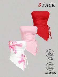 Conjunto de 3 piezas con parte superior bandeau asimétrica con estampado floral, para primavera/verano.Conjunto de 3 piezas con parte superior tubo estampada con flores blancas y rosas, con bajo asimétrico, romántico, para primavera/verano.Ele - Multicolor 5 - Ver 2