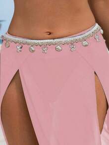 Falda de malla con abertura alta para vacaciones de verano en la playa + Adorno de concha y estrella de mar con ribete de cinta para mujer - Rosa - Ver 3