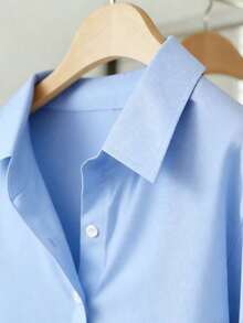 Camisa casual de mujer de un solo pecho de manga larga con hombros caídos y unicolor - Azul - Ver 3