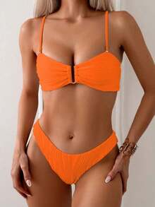 Swim Conjunto de bikini de verano para mujer de unicolor con pliegues y sexy - Naranja - Ver 3
