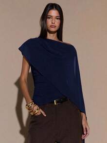Blusa de punto con cuello anudado y hombro asimétrico, suéter elegante y ajustado, otoño/invierno - Azul marino - Ver 6