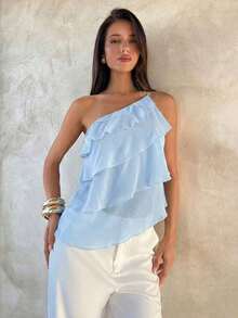 blusa elegante y romántica de primavera/verano para citas, Día de San Valentín, temporada de bodas, de gasa rosa con un hombro, espalda descubierta y volantes en capas, blusa sexy con volantes para la playa, camisa rosa elegante y romántica p - Celeste - Ver 5
