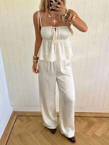 Conjunto de 2 piezas de camiseta de tirantes y pantalones con estampado de lunares, estilo casual de primavera para mujer. Conjunto de 2 piezas de lunares lindo para verano. Conjunto de 2 piezas de lunares para Halloween. - Albaricoque - Ver 5