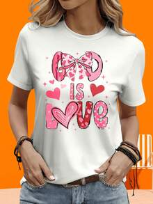 Christmas Party Gift, 'God Is' Heart And Bow Design T-Shirt, Cute Fashion Graphic Tee For Women, Valentine's Day Gift, Short Sleeve T-Shirt For Women, Black And White, For Outdoor And Home Use, 220g - 白色 - 查看 5