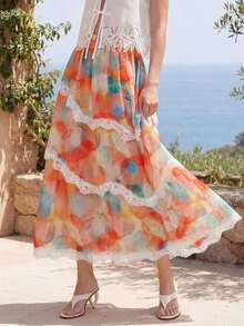 Falda casual y versátil para citas y salidas con estampado de teñido anudado y encaje para mujer - Multicolor - Ver 1