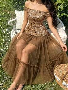 Falda acampanada de malla transparente elegante y versátil, encantadora para mujeres - Marrón - Ver 3