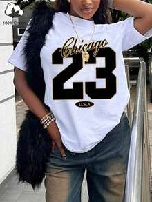 1 Piece [Sports T-Shirt] For Women Pure Chicago No. 23 | Crew Neck T-Shirt With Anime Print And American Basketball Lettering,  Casual Summer Top, Basic Short-Sleeved T-Shirt, Ideal For Work, College, Parties, Sports, Local Delivery. Loose Fit Plus Size T-Shirt, 180g, 100% Soft Cotton. - 白色 - 查看 6
