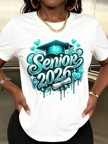 Fashionable Women's T-Shirt With Graduation Cap And Diploma Design For 2026, With Heart And Drop Graphics For Graduation Celebration - White - View 2