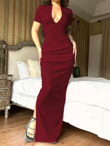 Short Sleeve Dress With Pleated Design For Girls - Burgundy - View 2