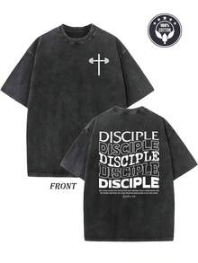 Camiseta de algodón vintage lavado de 250 g de peso pesado - Estilo urbano unisex holgado con hombros caídos, con estampados de doble cara de la cruz cristiana y versículos bíblicos (Mateo 28:19) - Adecuada para culto informal, Pascua y uso cotidiano relacionado con la fe - Camiseta unisex de algodón holgado de manga corta y cuello redondo estilo urbano vintage. - Negro - Ver 1