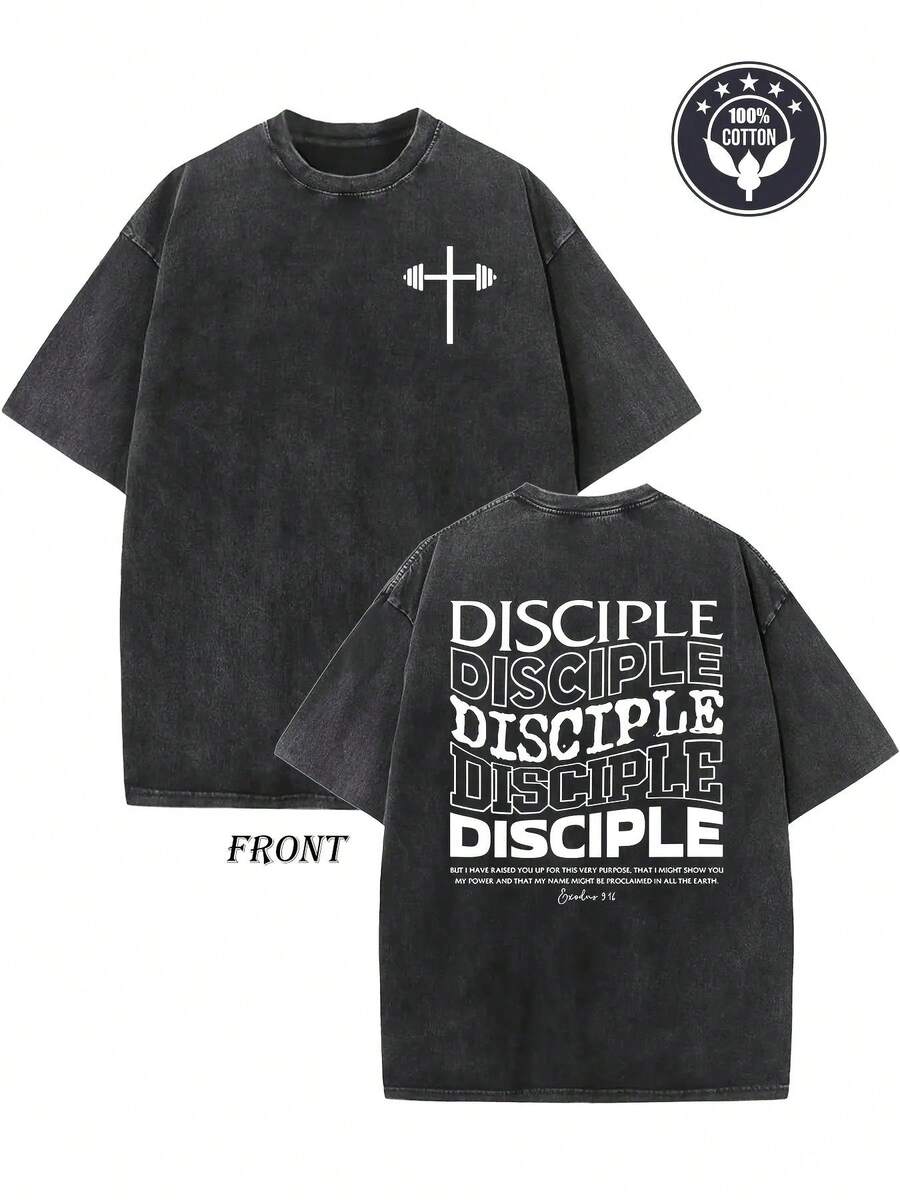 Camiseta de algodón vintage lavado de 250 g de peso pesado - Estilo urbano unisex holgado con hombros caídos, con estampados de doble cara de la cruz cristiana y versículos bíblicos (Mateo 28:19) - Adecuada para culto informal, Pascua y uso cotidiano relacionado con la fe - Camiseta unisex de algodón holgado de manga corta y cuello redondo estilo urbano vintage. - Negro - Ver 1