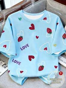 Camiseta estampada de mujer con cuello redondo y lazo con estampado de fresa - Multicolor 4 - Ver 8