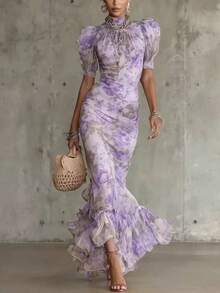 Women's New Summer Floral Print Series High Neck Puff Sleeve Midi Dress Elegant French Style Lightweight Breathable Fabric Perfect For Daily Vacation Wear - 紫色 - 查看 3