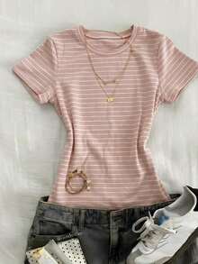Camiseta ajustada de mujer de manga corta con cuello redondo de unicolor - Rosa - Ver 1